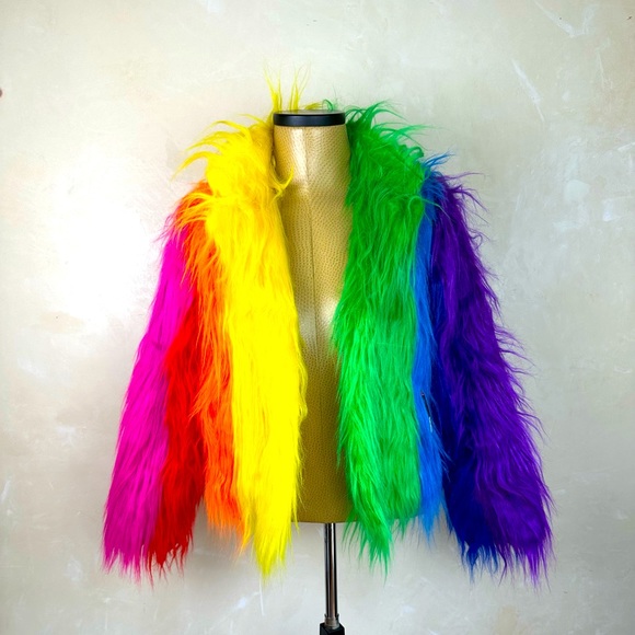 Dolls Kill Club Exx Live Out Loud Faux Fur Coat Pride jacket Size Small NWOT - Picture 1 of 5